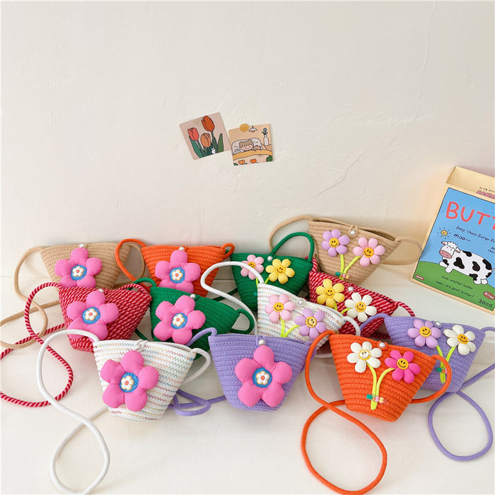Wholesale Straw Bag  Children's Bag Three-dimensional Flower Crossbody Bag Straw Bag Women's Coin Purse