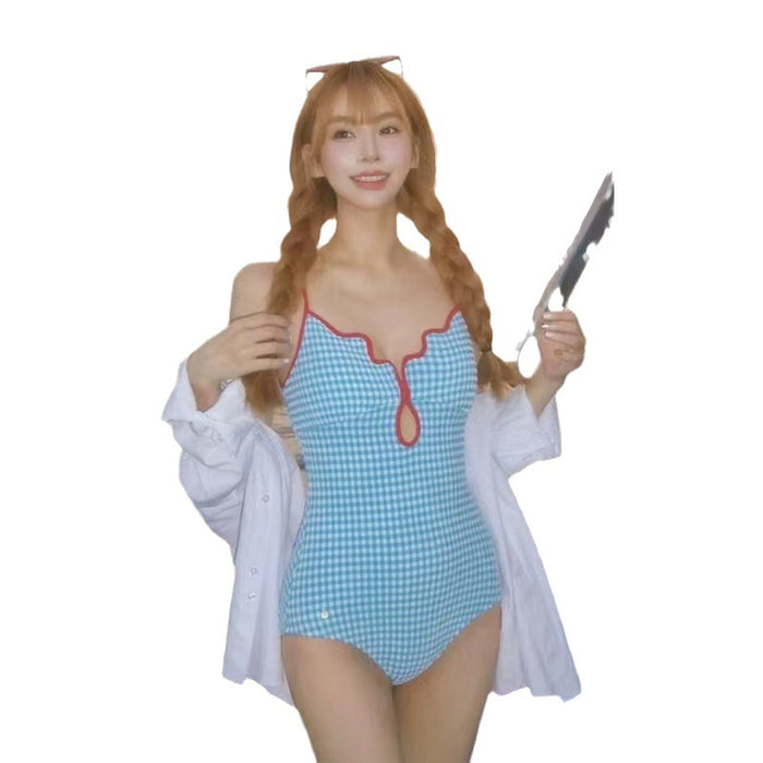 Wholesale Cute girl sweet checkered sexy backless simple one-piece swimsuit