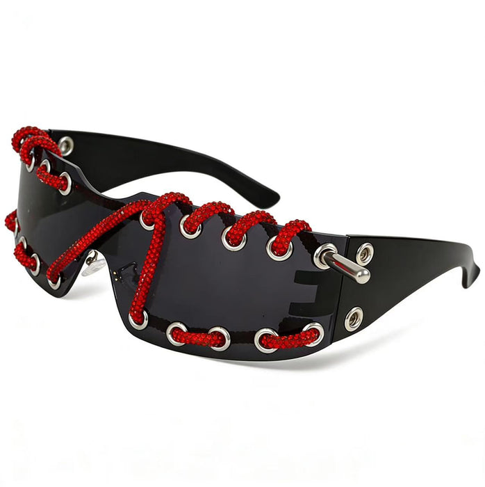 Wholesale Cyberpunk Rimless Rhinestone Sunglasses with Metal Rings and Rivets