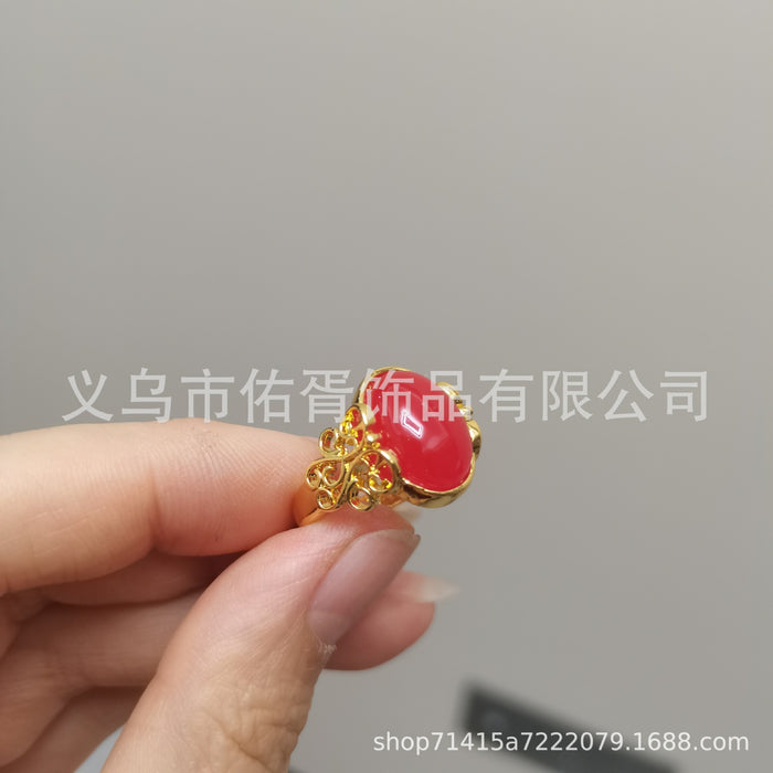 Wholesale New Grandmother Imitation Green Jadeite Ring with Temperament and Opening Imitation Red Green Agate Colored Women's Ring