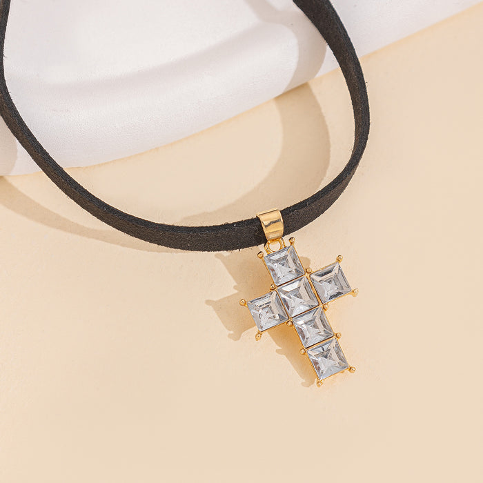 Wholesale Diamond Embedded Cross Necklace Choker Adjustable Geometric