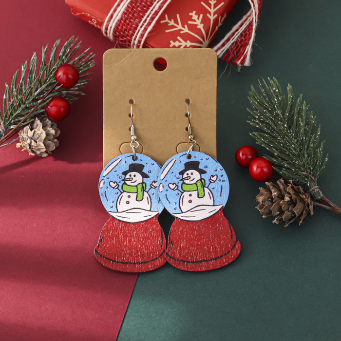 Wholesale Cartoon Christmas element printed wooden earrings for women Christmas tree earrings