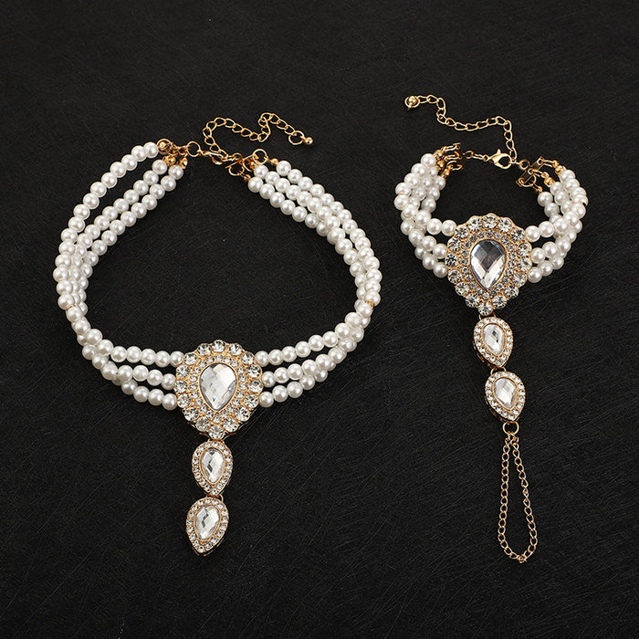 Wholesale Exaggerated design, pearl studded diamond water droplet bracelet, ring, one-piece bracelet, high-end necklace