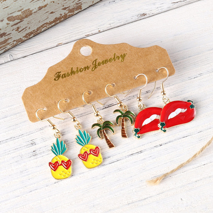 Wholesale Tropical Pineapple Palm Tree Red Lips Drop Oil Earring Set Fashion Accessory Party Gift