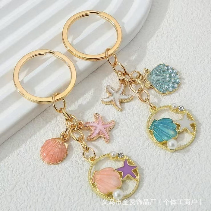 Wholesale Ocean shell keychain alloy oil drop pearl starfish pendant girls bag car ornaments small gift
