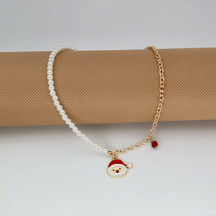 Wholesale Christmas Necklace Alloy Dripping Oil  Snowflake Bell Pearl Christmas Necklace