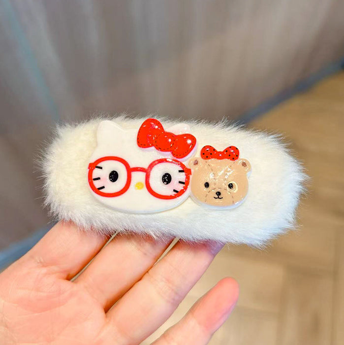 Wholesale Cute and able plush hair clip featuring a cat wearing glasses.