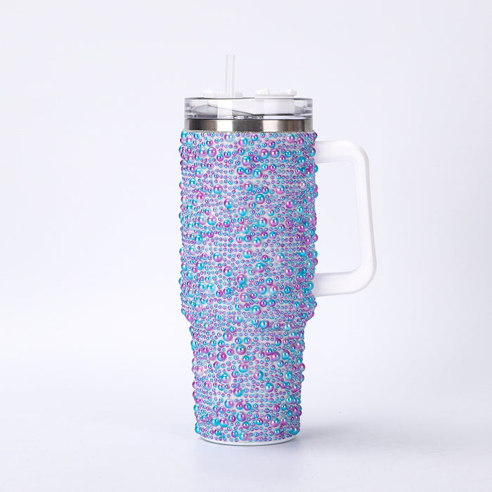 Wholesale Stainless steel pearl insulation cup,  large capacity,  pearl inlaid car cup,  40oz handle,  straw sticker,  diamond ice cup