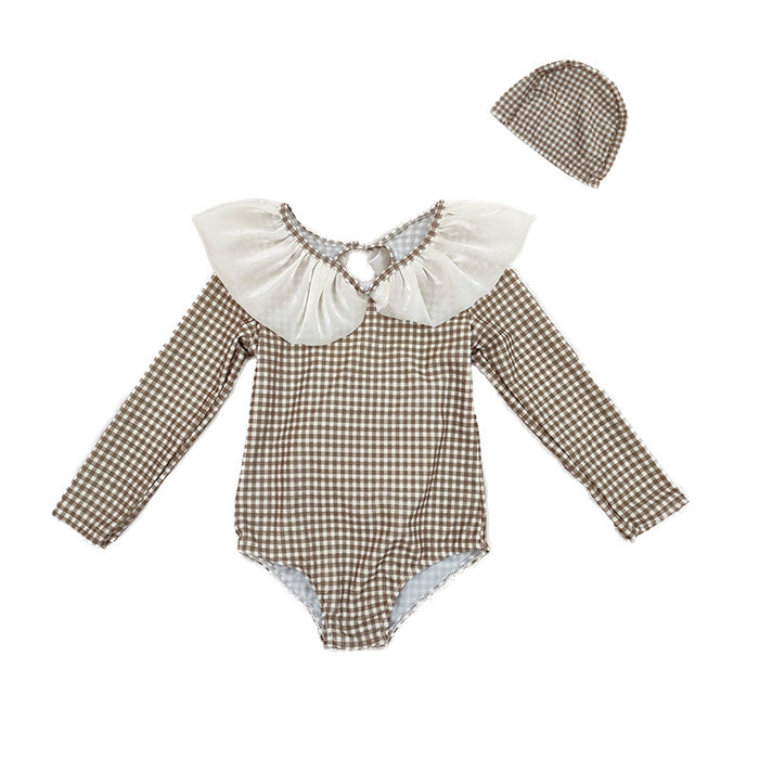 Wholesale Children's Swimsuit Girls Children's Polyester Ruffled Collar Plaid Long Sleeve Sunscreen Swimsuit Hot Spring
