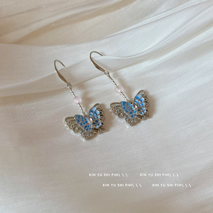 Wholesale Blue butterfly tassel earrings, new style, light luxury, western-style, versatile and personalized earrings