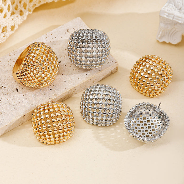 Wholesale Trendy retro ring set with niche design, geometric hollow out heavy-duty round bead metal earring accessories