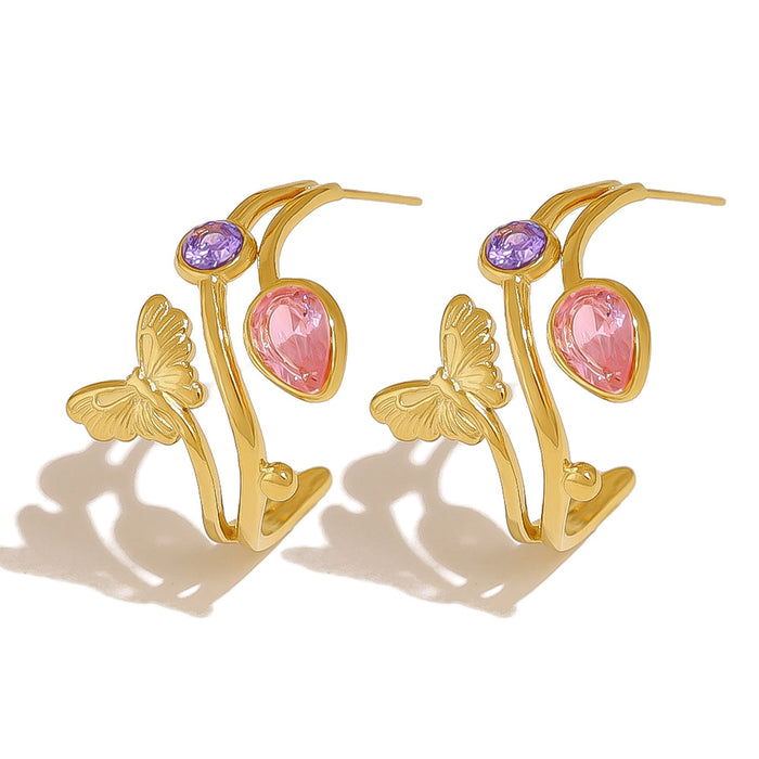 Wholesale Gold titanium steel earrings inlaid with colorful horse eye zircon stainless steel earrings, female hollow leaf C-shaped earrings