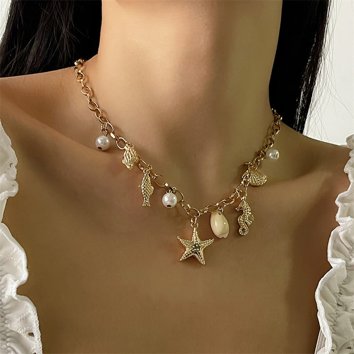 Wholesale Starfish Shell Conch Pendant Pearl Necklace Multi-layer Stacked Necklace Women