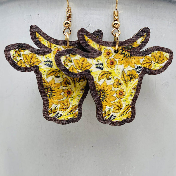 Wholesale Retro Wooden Earrings Western Denim Series Cowhead Sunflower Boho Earrings