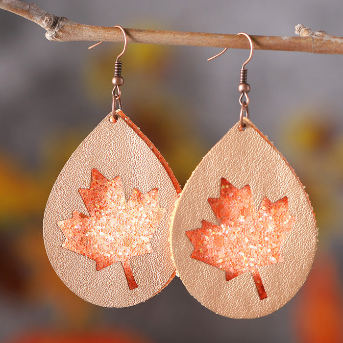 Wholesale Autumn Thanksgiving Maple Leaf Pumpkin Multi-layer PU Pendant Earrings
