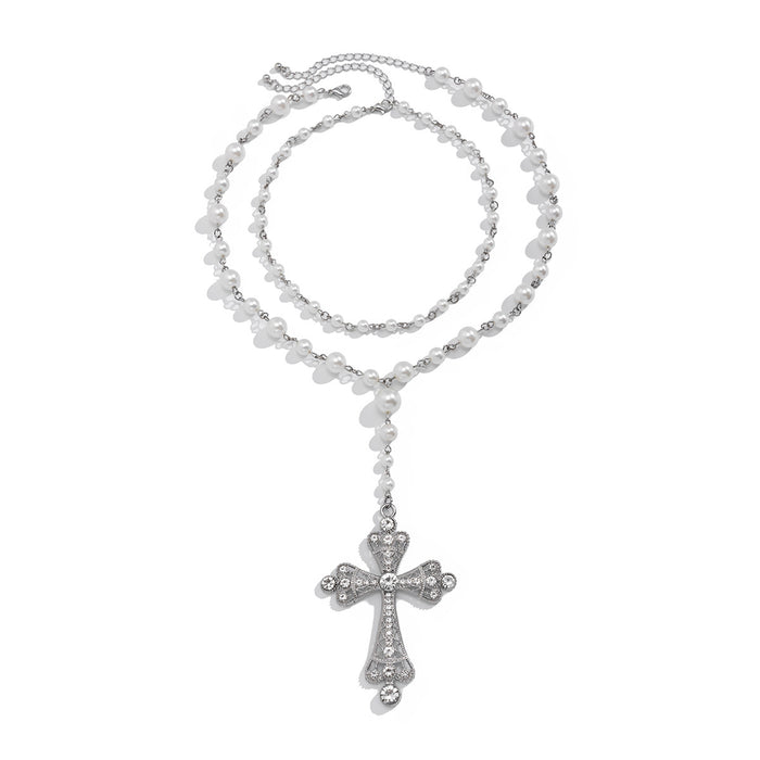 Wholesale Fashion multi-layer imitation pearl cross collar, geometric alloy collarbone chain for accessories