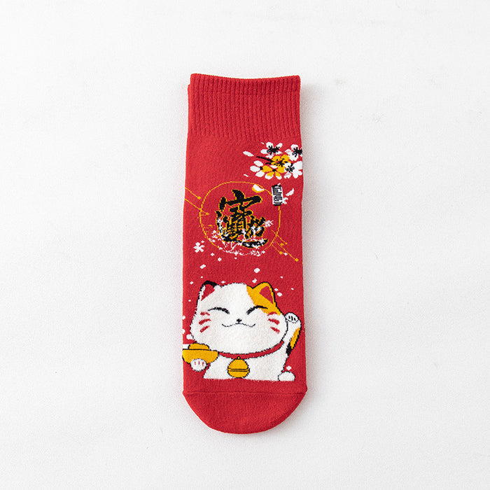 Wholesale Socks for men and women mid-tube socks cotton bottom festive red stockings new year gift lucky cat socks