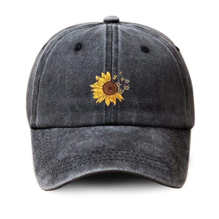 Wholesale Washed denim cotton baseball cap, casual versatile printed flower hat, sun shading duckbill cap