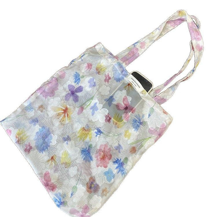 Wholesale Flower mesh embroidered shoulder bag, cute transparent tote bag