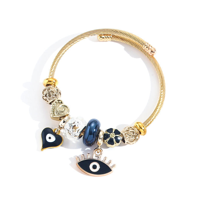 Wholesale Stainless Steel Evil Eye Beaded Bracelet with Heart Pendant,  Fashion Jewelry Accessory for Women
