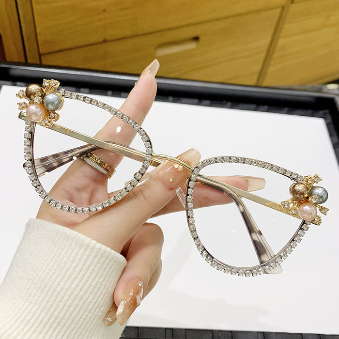 Wholesale Flat lens anti blue light large frame inlaid with diamonds and pearls, elegant and fashionable high-end frame glasses