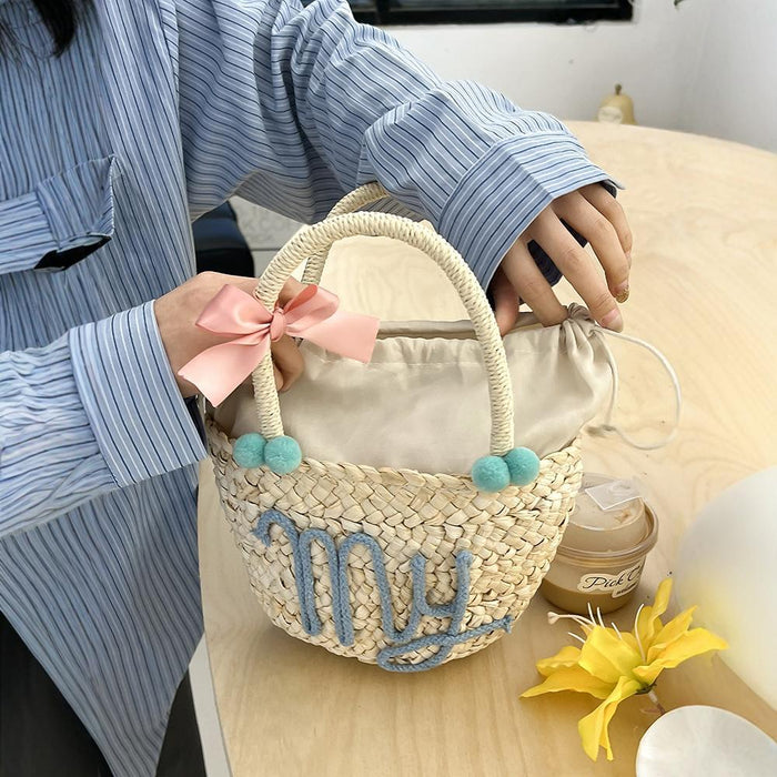 Wholesale Summer Style Summer Simple Girly Style Straw Handbag Candy Color Bow Woven Bag Ready for Beach Travel