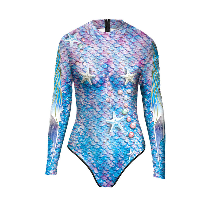 Wholesale Swimsuit digital printed fish scale long sleeved one-piece swimsuit