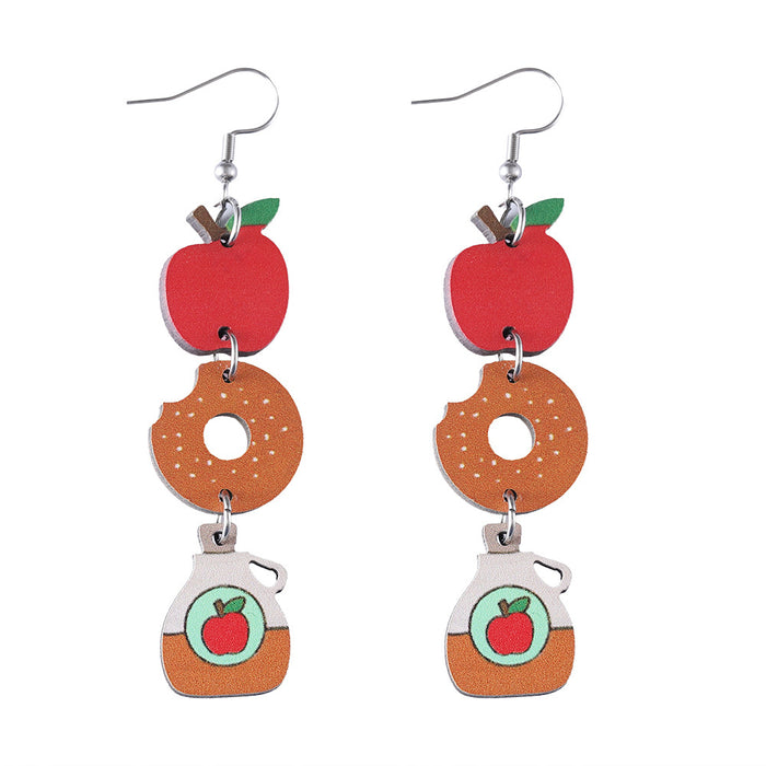 Wholesale Cute food apple donut hamburger hot dog triple pendant earrings double-sided wooden earrings