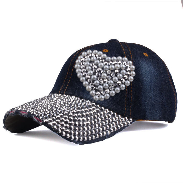 Wholesale Full-brimmed rhinestone baseball cap with heart-shaped rhinestone pattern