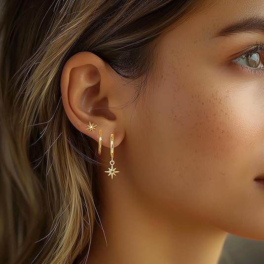 Wholesale New retro niche versatile octagonal star earrings copper plated with real gold temperament fashionable star earrings wholesale