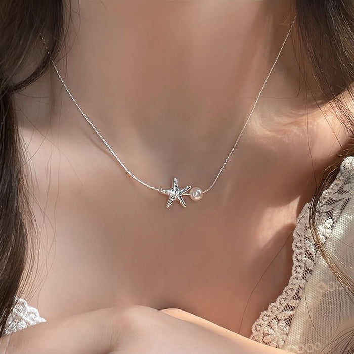 Wholesale New starfish pearl pentagram necklace, light luxury, niche design, versatile collarbone chain, neck chain