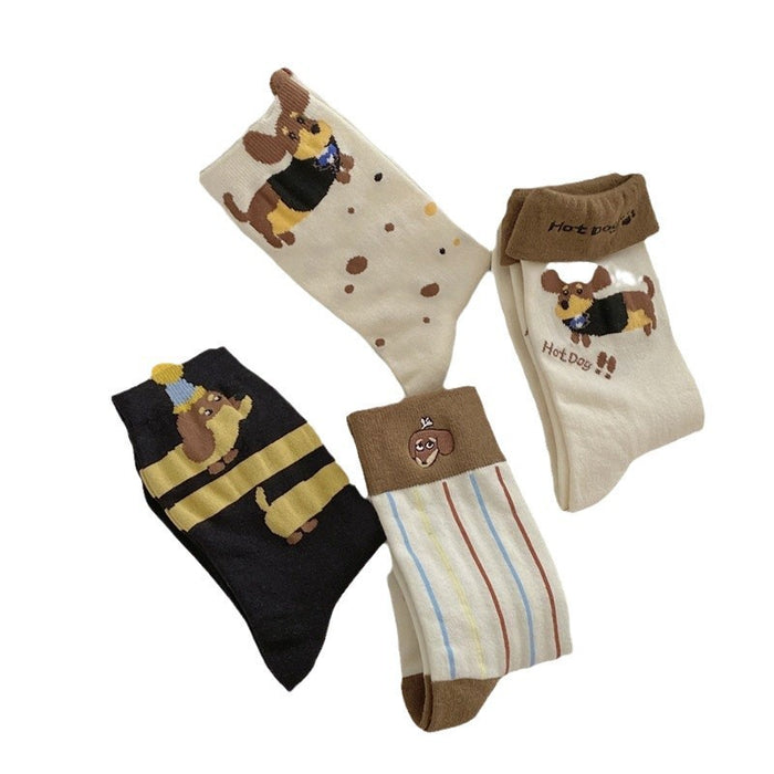 Wholesale Small dog embroidery, tube socks with folded edges, vertical stripes, stacked socks, cute and niche socks for children