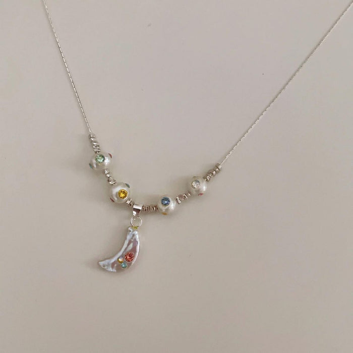 Wholesale Baroque pearl crescent silver necklace summer color zircon moon clavicle necklace