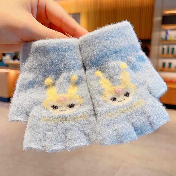 Wholesale Children' s Gloves Autumn and Winter Warm Cute Cartoon  Girls'  Half-Finger Flip Cover Baby Thickened Warm Five-Finger Set
