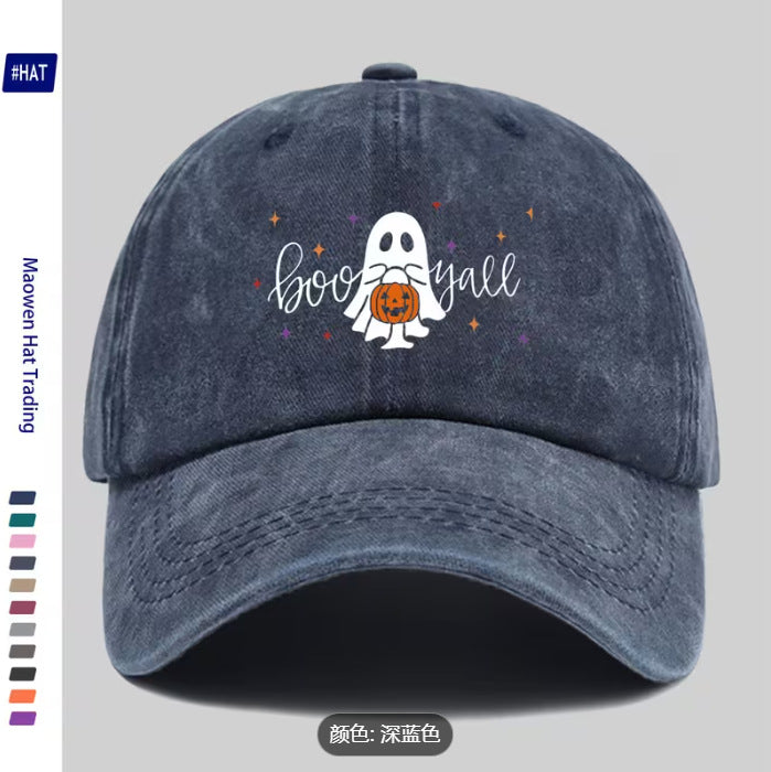 Wholesale Washed Distressed Black Baseball Cap  Ghost Print Soft Top Adjustable Unisex