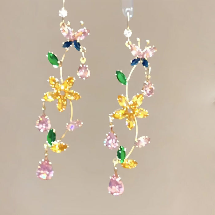 Wholesale New colorful sparkling diamond butterfly flower earrings with fashionable temperament, high-end feel, and exquisite earrings