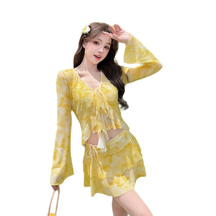 Wholesale Swimsuit split steel support, gathered bikini four piece set, high-end feeling, concealing flesh and slimming, long sleeved sun protection