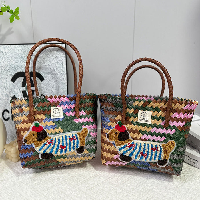 Wholesale Dachshund Striped Straw Bag Retro Woven Vegetable Basket Small Square Bag Commuter Tote Bag Shoulder Bag Cross-Border