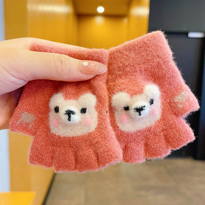 Wholesale Children' s Gloves Autumn and Winter Warm Cute Cartoon  Girls'  Half-Finger Flip Cover Baby Thickened Warm Five-Finger Set