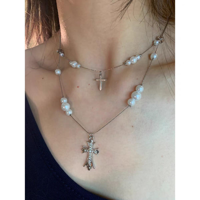 Wholesale Temperament multi-layer pearl cross necklace
