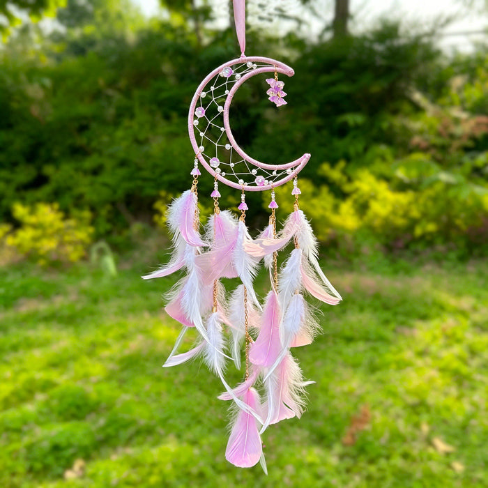 Wholesale Handmade Moon Feather Dream Catcher Macaron Color Decorative Wall Hanging MOQ≥2