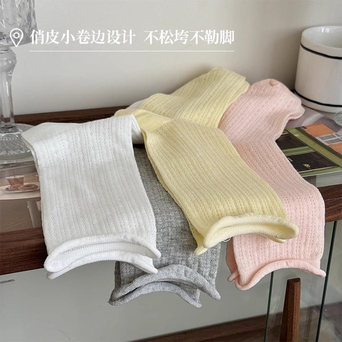 Wholesale Mesh socks, rolled edge pile socks, pure cotton trendy boneless hollow socks