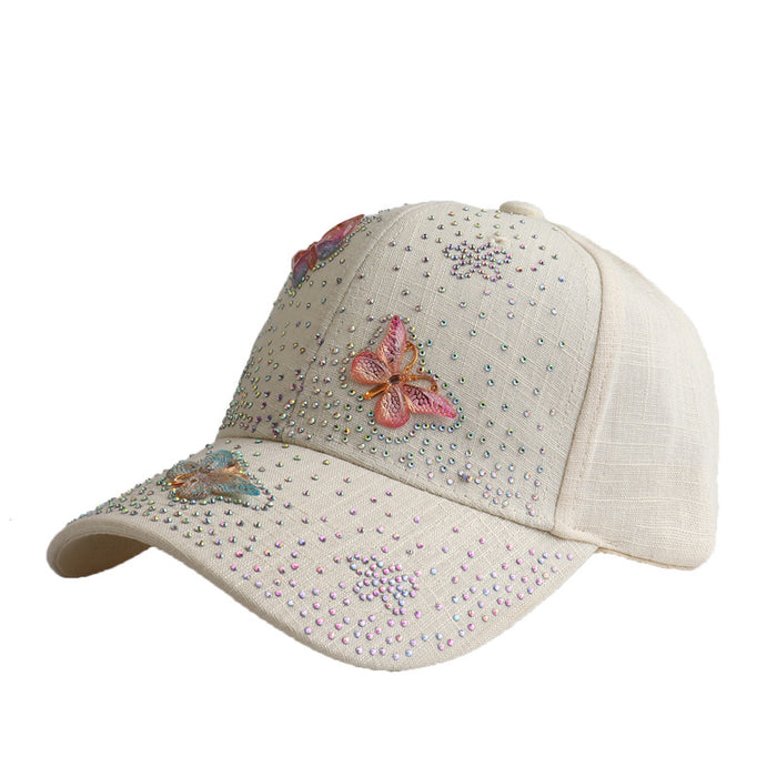 Wholesale Butterfly-studded rhinestone linen baseball cap for outdoor use