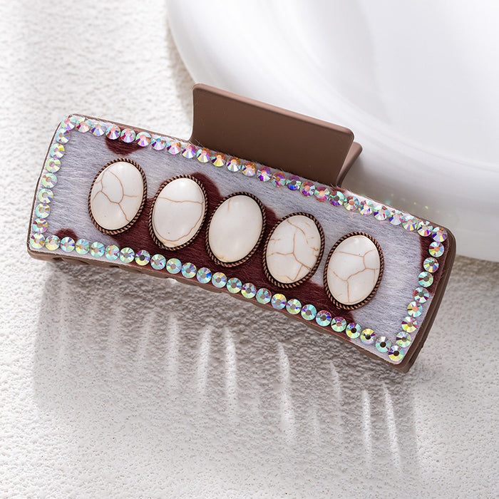 Wholesale Bohemian turquoise grab clip high-end female retro leopard print sequined leather ethnic style back of the head shark clip