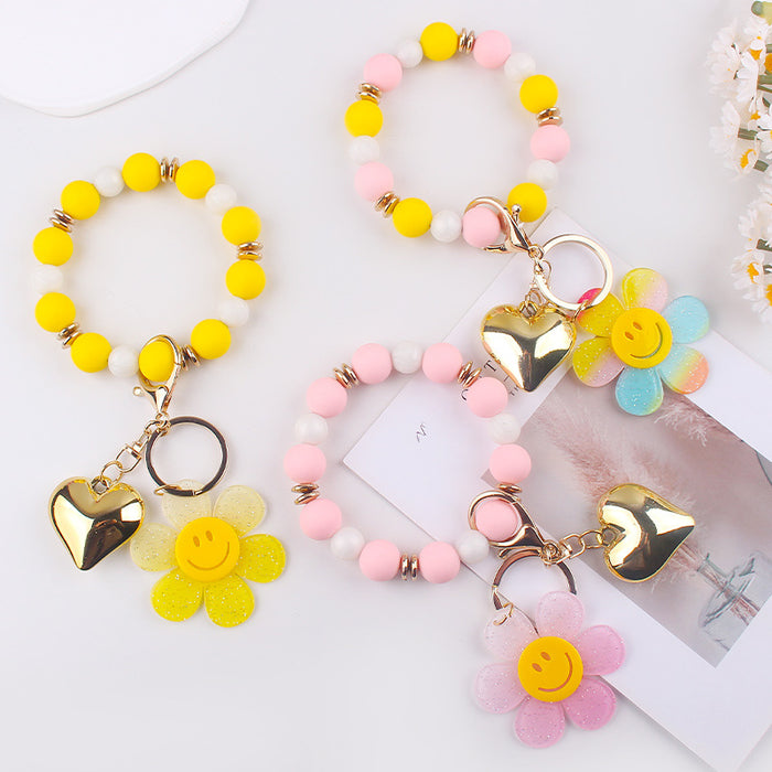 Wholesale Creative Silicone Beads Bracelet Keychain Cartoon Acrylic Smiley Sunflower Pendant Bracelet Key Ring Jewelry