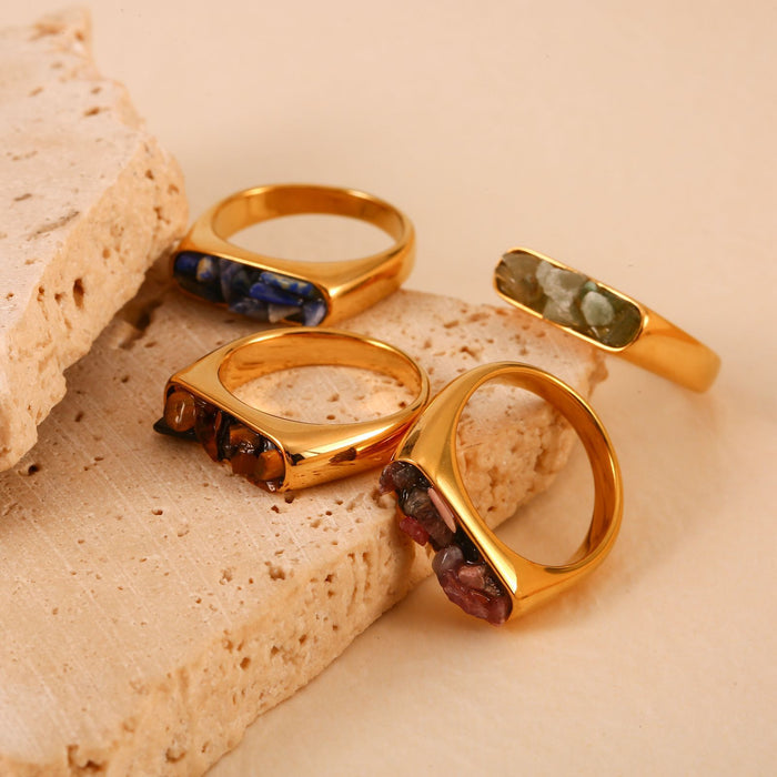 Wholesale Original design: Gold stainless steel inlaid with natural crushed stone ring, fashionable and trendy, multi colored jewelry wholesale