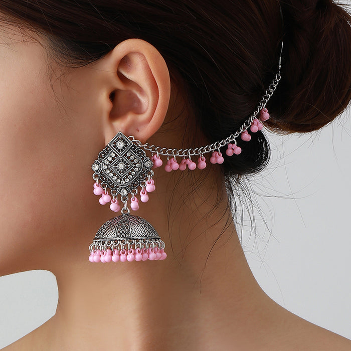 Wholesale vintage ethnic style rhinestone bell tassel earrings and hair chain set