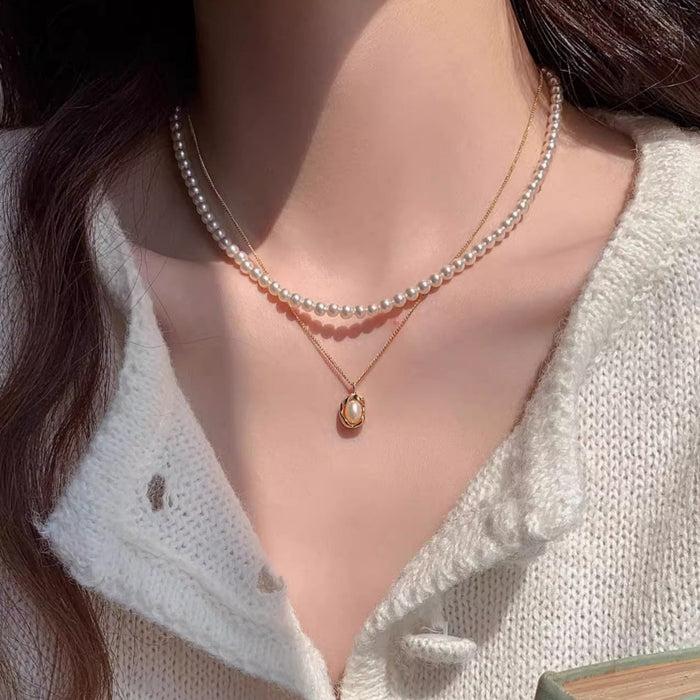 Wholesale Double Layer Stacked Glass Pearl Necklace