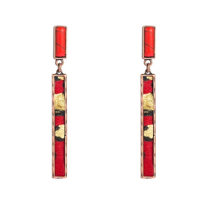 Wholesale Exaggerated long leather and alloy earrings set with turquoise