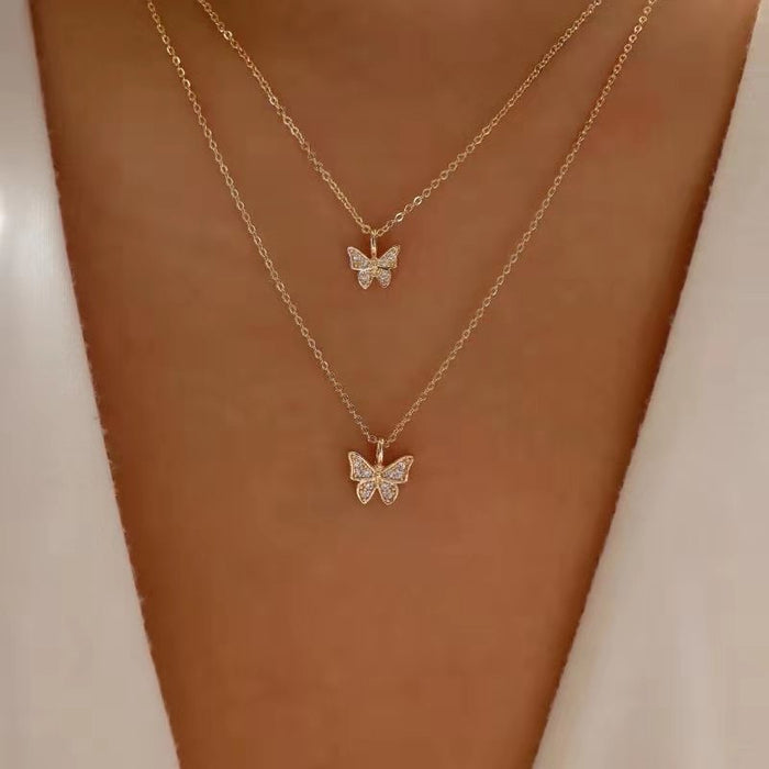 Wholesale Double Layer Butterfly Design Pendant Necklace Diamond